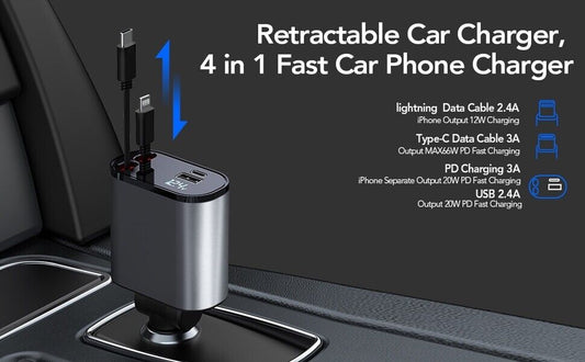 4 in 1 Retractable Car Charger Cable Dual Port USB-C PD Fast Charging Adapter